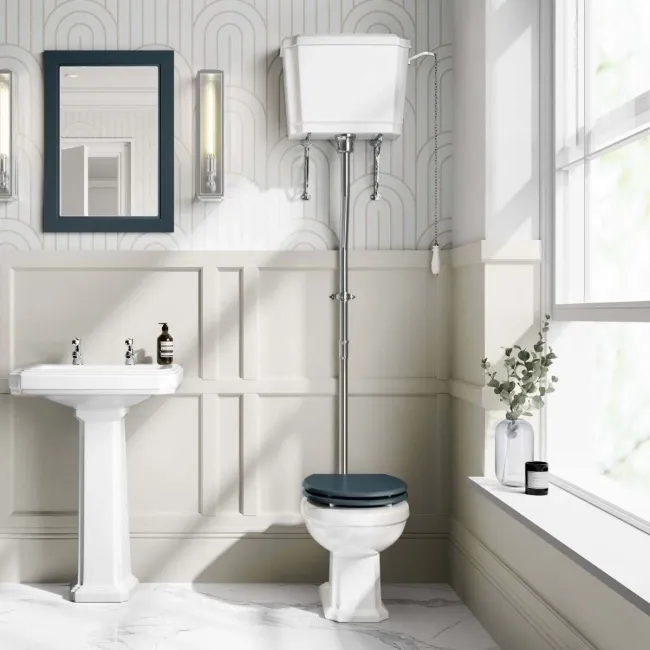 Hudson Traditional High-Level Toilet With Inky Blue Seat & Pedestal Basin - Double Tap Hole