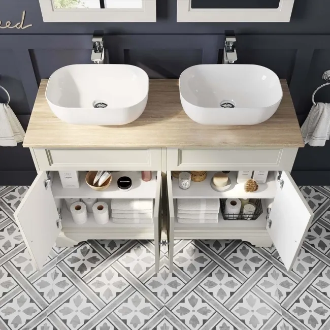 Lucia Chalk White Double Vanity With Oak Effect Top & Curved Counter Top Basin 1200mm