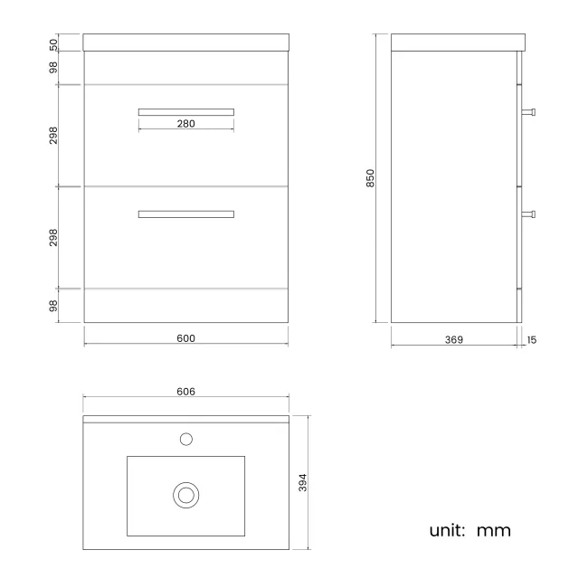 Avon Gloss White Basin Drawer Vanity 600mm