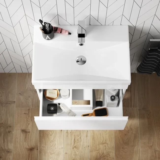 Trent Gloss White Wall Hung Basin Drawer Vanity 600mm