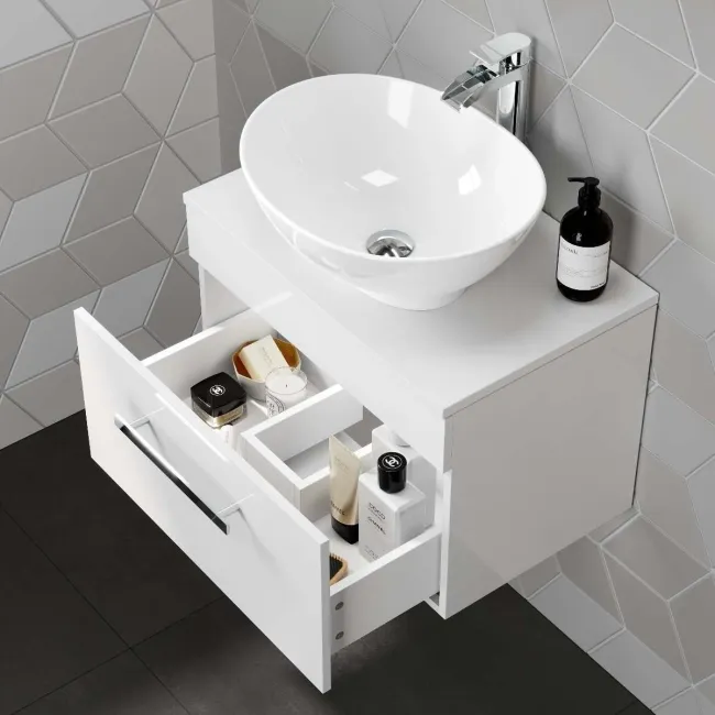 Avon Gloss White Wall Hung Drawer Vanity with Oval Counter Top Basin 600mm