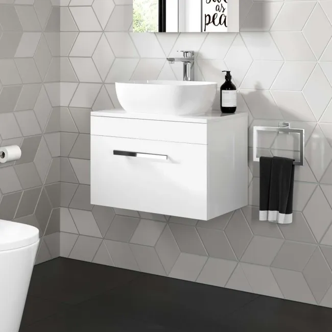 Avon Gloss White Wall Hung Drawer Vanity with Curved Counter Top Basin 600mm