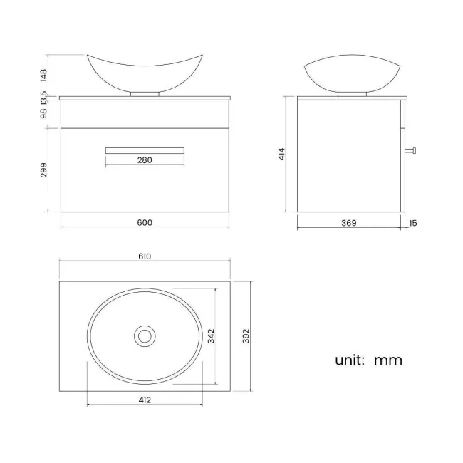 Avon Gloss White Wall Hung Drawer Vanity with Marble Top & Oval Counter Top Basin 600mm