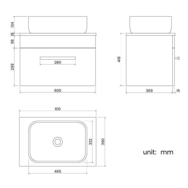 Avon Stone Grey Wall Hung Drawer Vanity with Curved Counter Top Basin 600mm