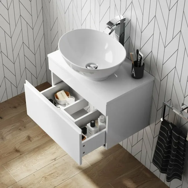 Trent Gloss White Wall Hung Drawer Vanity with Oval Counter Top Basin 600mm