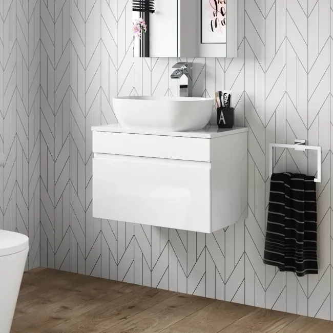 Trent Gloss White Wall Hung Drawer Vanity with Curved Counter Top Basin 600mm