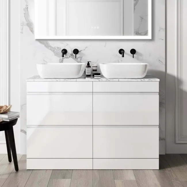 Trent Gloss White Double Vanity Drawer with Marble Top & Curved Counter Top Basin 1200mm
