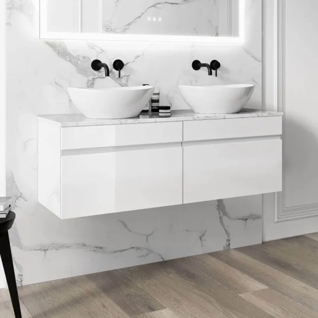 Trent Gloss White Double Wall Hung Drawer Vanity with Marble Top & Oval Counter Top Basin 1200mm