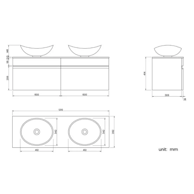 Trent Gloss White Double Wall Hung Drawer Vanity with Marble Top & Oval Counter Top Basin 1200mm