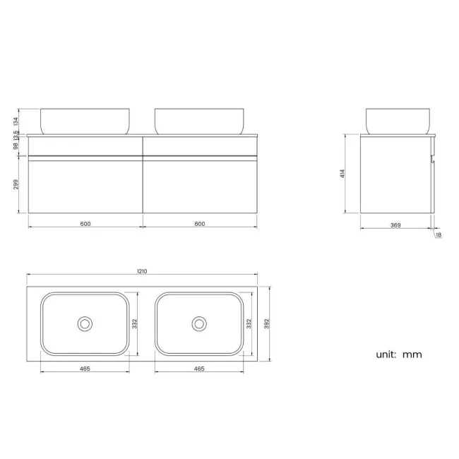 Trent Gloss White Double Wall Hung Drawer Vanity with Marble Top & Curved Counter Top Basin 1200mm