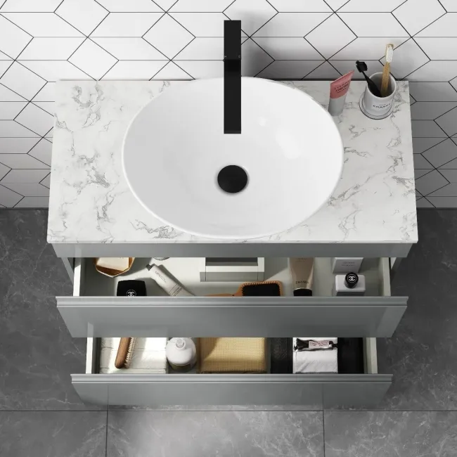 Trent Stone Grey Vanity Drawer with Marble Top & Oval Counter Top Basin 800mm