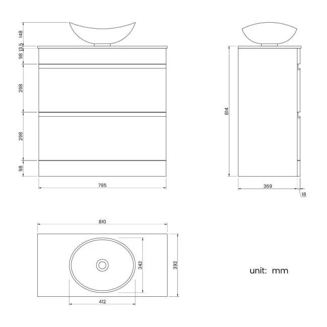 Trent Stone Grey Vanity Drawer with Marble Top & Oval Counter Top Basin 800mm