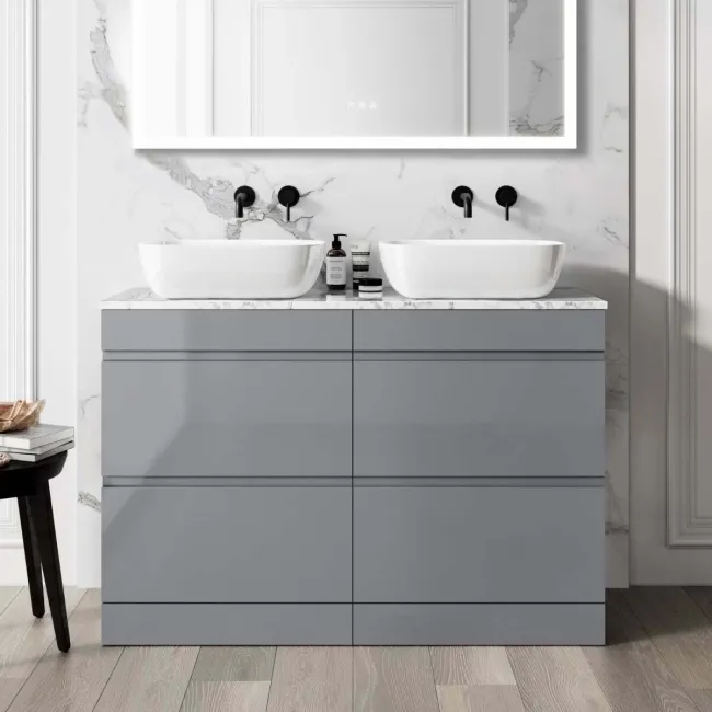 Trent Stone Grey Double Vanity Drawer with Marble Top & Curved Counter Top Basin 1200mm