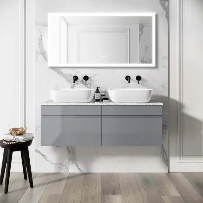 Trent Stone Grey Double Wall Hung Drawer Vanity with Marble Top & Curved Counter Top Basin 1200mm