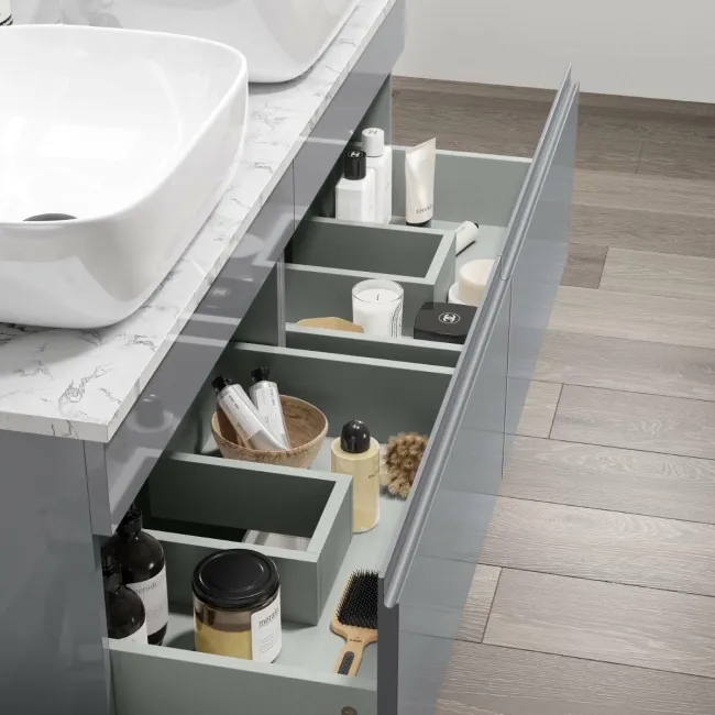 Trent Stone Grey Double Wall Hung Drawer Vanity with Marble Top & Curved Counter Top Basin 1200mm