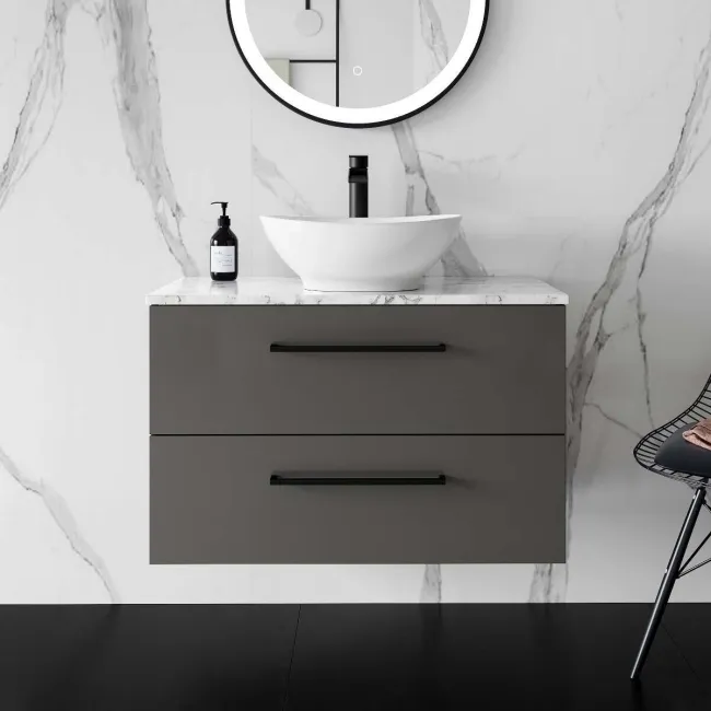 Elba Graphite Grey Wall Hung Vanity Marble Top & Oval Counter Top Basin 800mm - Black Accents