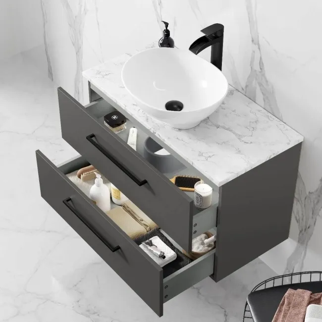 Elba Graphite Grey Wall Hung Vanity Marble Top & Oval Counter Top Basin 800mm - Black Accents