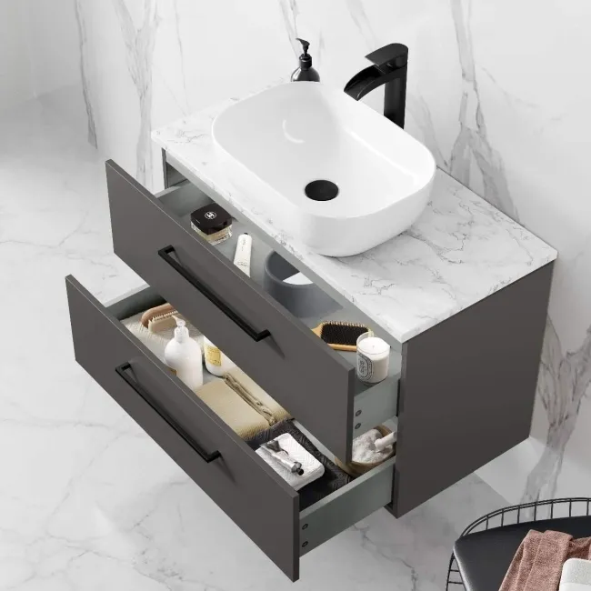 Elba Graphite Grey Wall Hung Vanity Marble Top & Curved Counter Top Basin 800mm - Black Accents