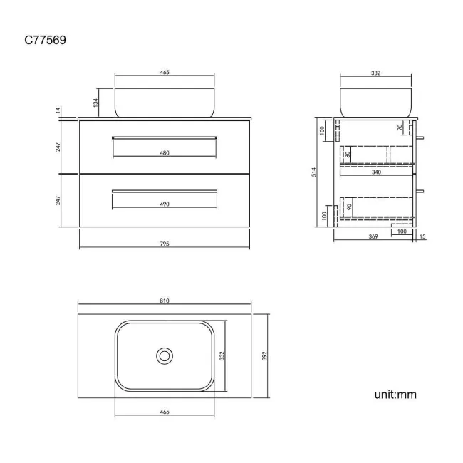 Elba Graphite Grey Wall Hung Vanity Marble Top & Curved Counter Top Basin 800mm - Black Accents