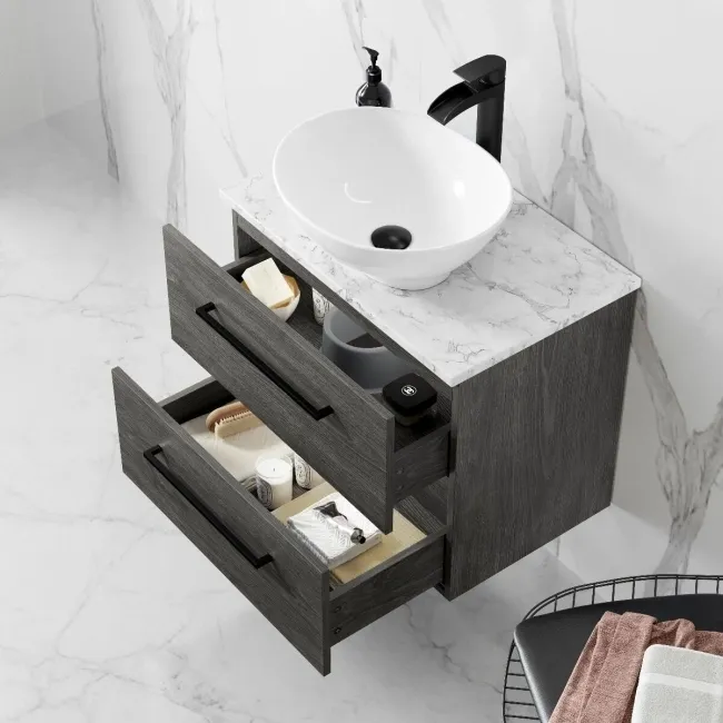 Elba Charcoal Elm Wall Hung Drawer Vanity Marble Top & Oval Counter Top Basin 600mm - Black Accents