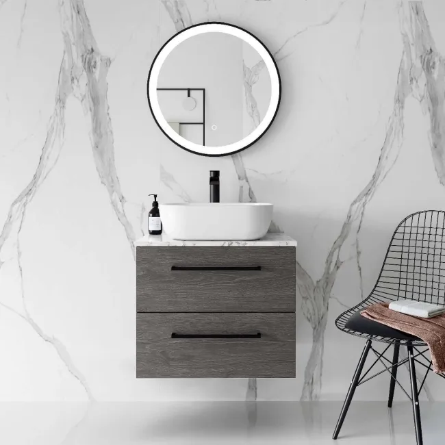 Elba Charcoal Elm Wall Hung Vanity Marble Top & Curved Counter Top Basin 600mm - Black Accents