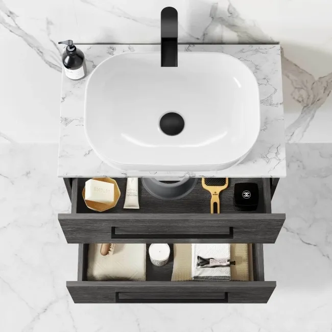 Elba Charcoal Elm Wall Hung Vanity Marble Top & Curved Counter Top Basin 600mm - Black Accents