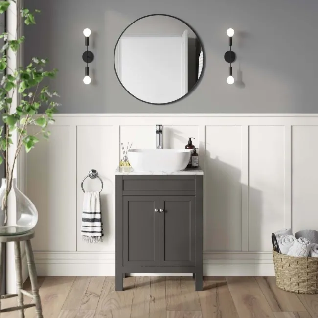 Bermuda Graphite Grey Vanity with Marble Top & Curved Counter Top Basin 600mm