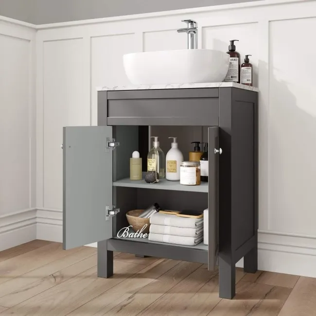 Bermuda Graphite Grey Vanity with Marble Top & Curved Counter Top Basin 600mm