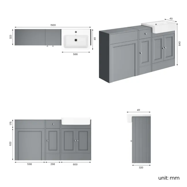 Monaco Dove Grey Combination Vanity Basin 1500mm (Excludes Pan & Cistern)