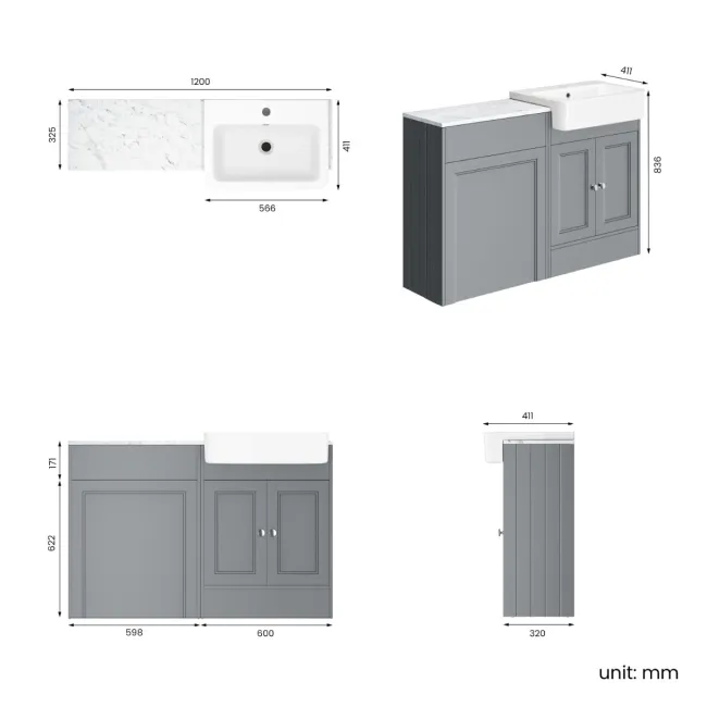 Monaco Dove Grey Combination Vanity Basin with Marble Top 1200mm (Excludes Pan & Cistern)
