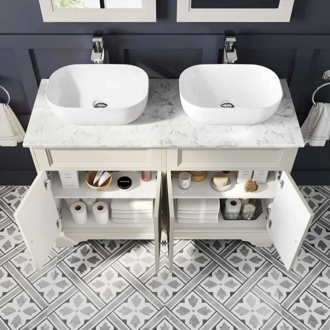 Lucia Chalk White Double Vanity with Marble Top & Curved Counter Top Basin 1200mm