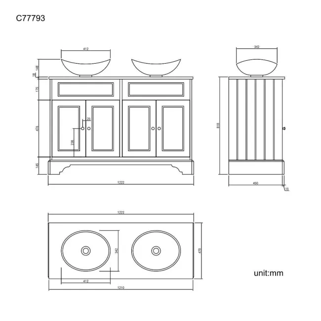 Lucia Graphite Grey Double Vanity with Oak Effect Top & Oval Counter Top Basin 1200mm
