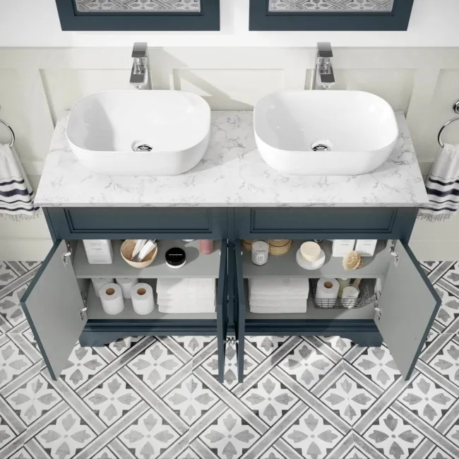 Lucia Inky Blue Double Vanity with Marble Top & Curved Counter Top Basin 1200mm