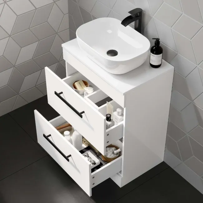 Avon Gloss White Vanity Drawer with Curved Counter Top Basin 600mm - Black Accents