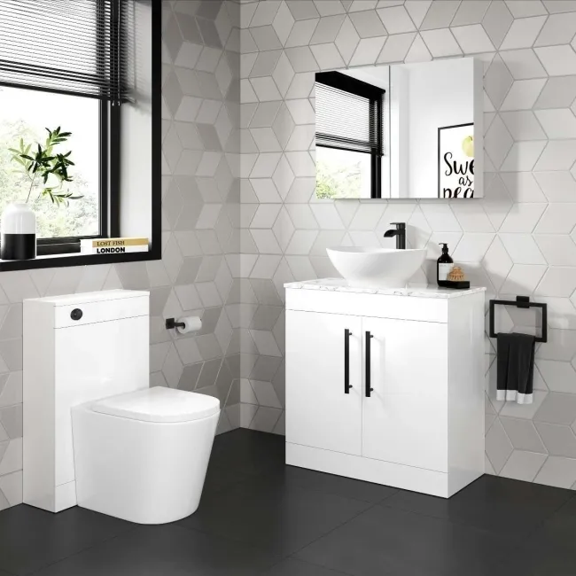 Avon Gloss White Vanity with Marble Top & Oval Counter Top Basin 800mm - Black Accents