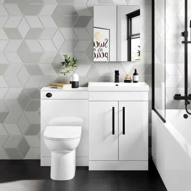 Avon Gloss White Combination Vanity Basin and Aruba Toilet 1100mm - Black Accents