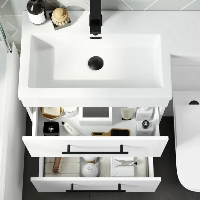 Avon Gloss White Combination Basin Drawer and Atlanta Toilet 1100mm - Black Accents - Left Handed
