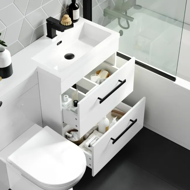 Avon Gloss White Combination Basin Drawer and Aruba Toilet 1100mm - Black Accents - Right Handed