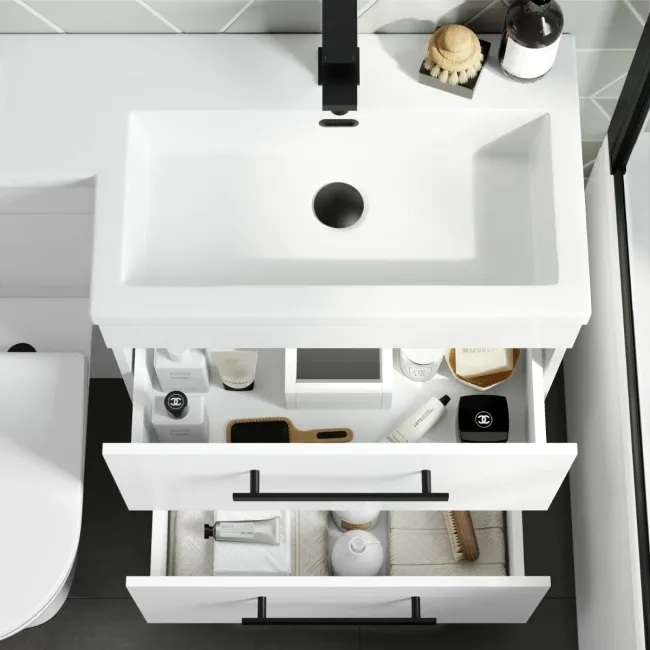 Avon Gloss White Combination Basin Drawer and Aruba Toilet 1100mm - Black Accents - Right Handed