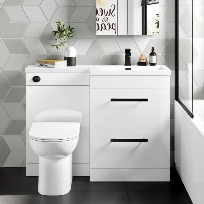 Avon Gloss White Combination Basin Drawer and Aruba Toilet 1100mm - Black Accents - Right Handed