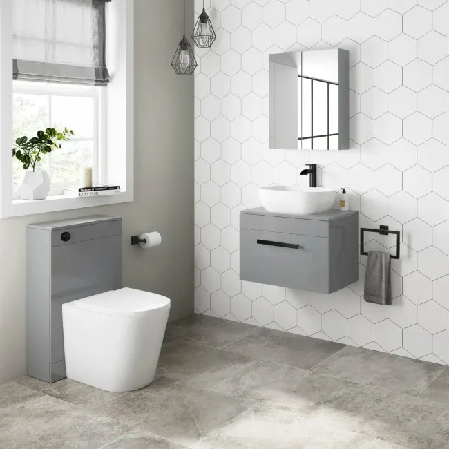 Avon Stone Grey Wall Hung Drawer Vanity with Curved Counter Top Basin 600mm - Black Accents