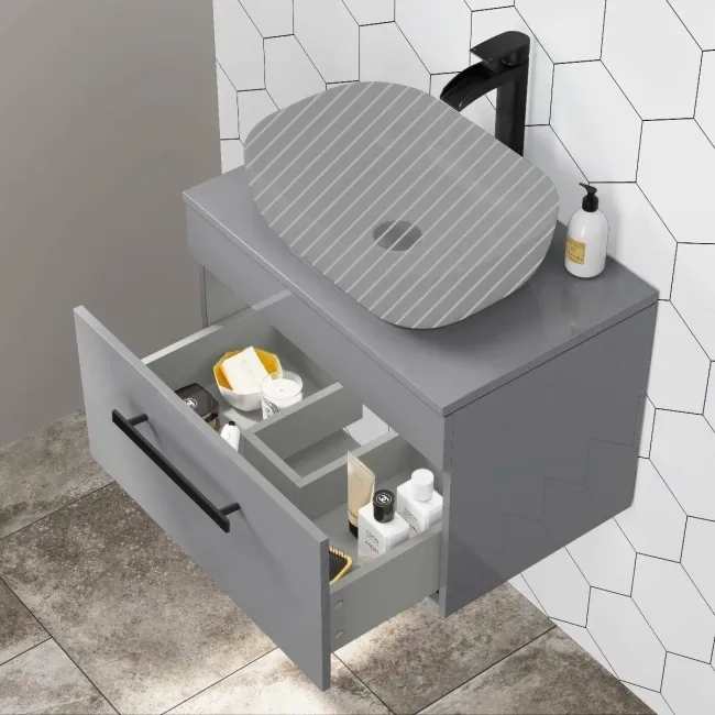 Avon Stone Grey Wall Hung Counter Top Vanity 600mm - Black Accents