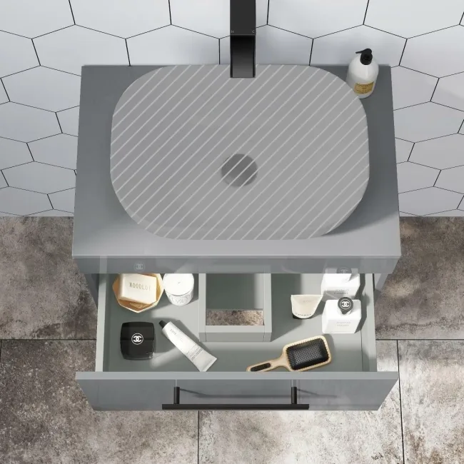 Avon Stone Grey Wall Hung Counter Top Vanity 600mm - Black Accents