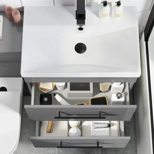 Avon Stone Grey Combination Basin Drawer and Miami Toilet 1100mm - Black Accents