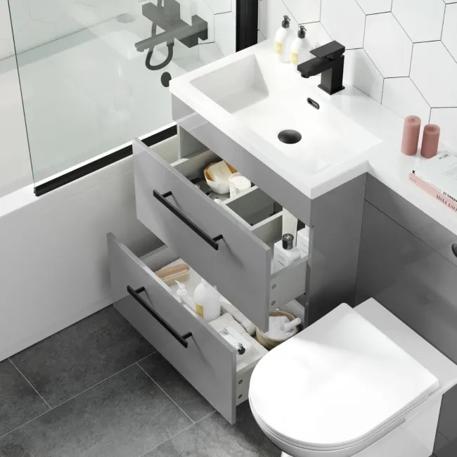 Avon Stone Grey Combination Basin Drawer and Aruba Toilet 1100mm - Black Accents - Left Handed