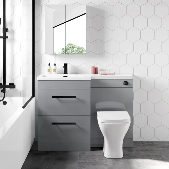 Avon Stone Grey Combination Basin Drawer and Atlanta Toilet 1100mm - Black Accents - Left Handed