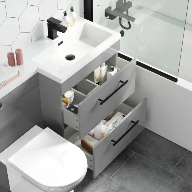 Avon Stone Grey Combination Basin Drawer and Aruba Toilet 1100mm - Black Accents - Right Handed