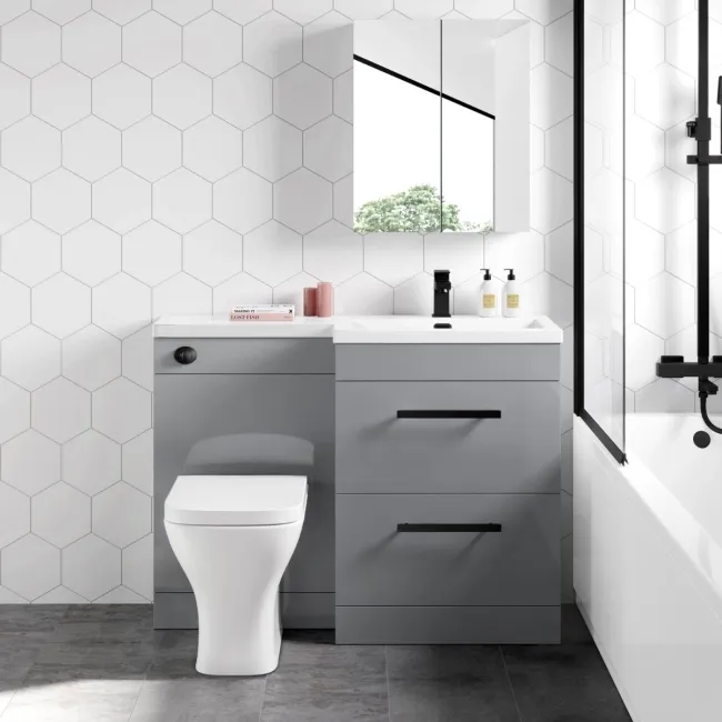 Avon Stone Grey Combination Basin Drawer and Atlanta Toilet 1100mm - Black Accents - Right Handed