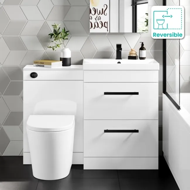 Avon Gloss White Combination Basin Drawer and Boston Toilet 1100mm - Black Accents