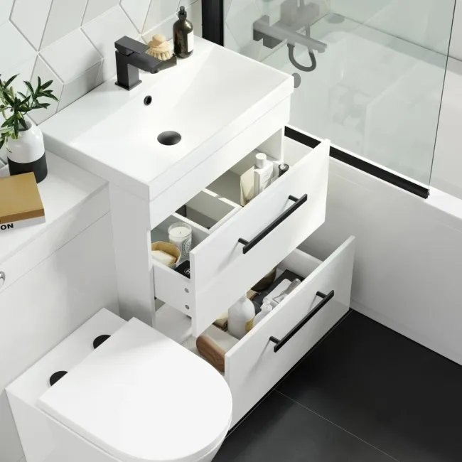 Avon Gloss White Combination Basin Drawer and Boston Toilet 1100mm - Black Accents